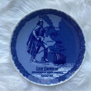Porsgrund Norway Plate Leif Erikson Blue White Ship Battle Axe Newfoundland